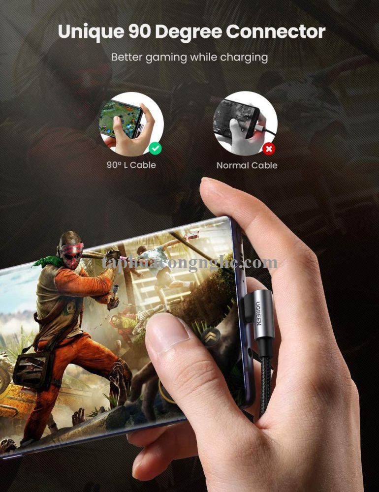 Ugreen 80714 3M bẻ góc C 90 độ màu xám cáp 2 đầu type c 2.0 sạc và truyền dữ liệu từ máy tính ra điện thoại US255 30080714